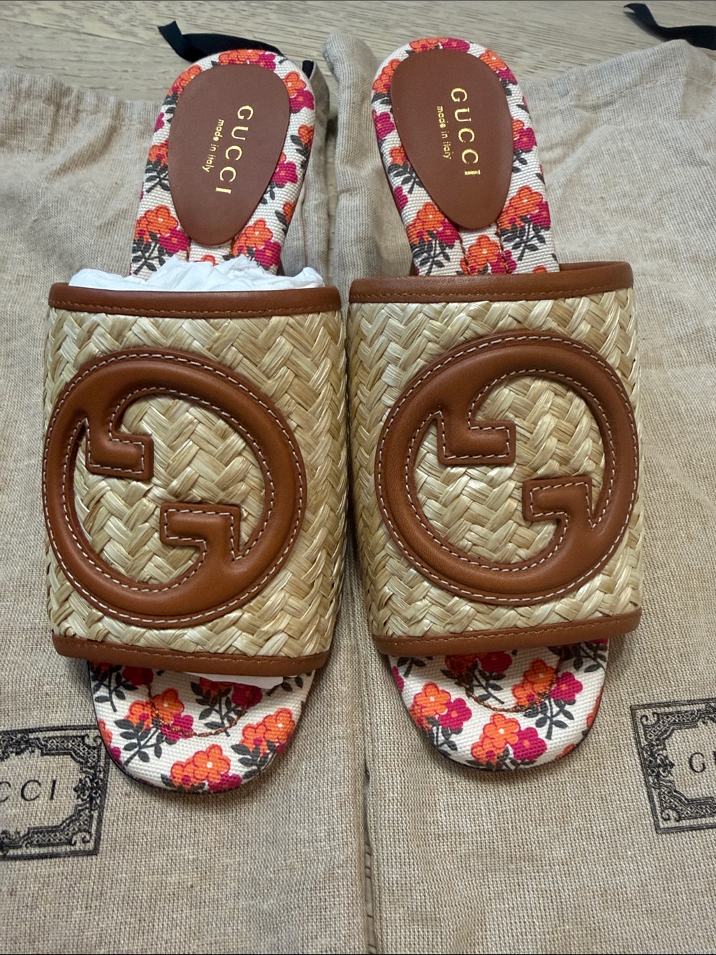 Gucci Brown Woven Raffia Slide Sandals With Floral Insole